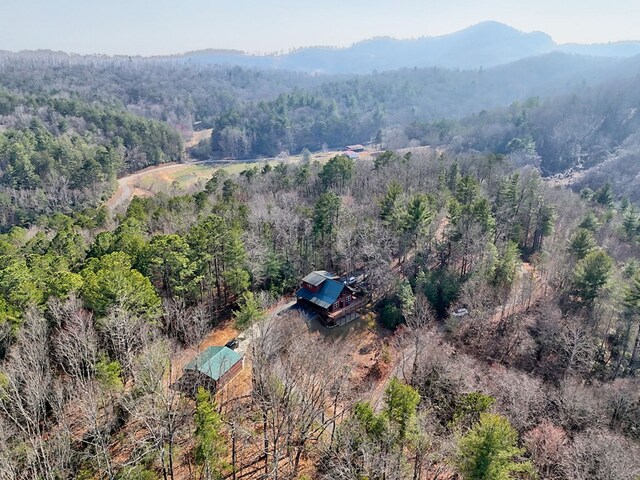 birds eye view of property featuring a view of trees and a mountain view