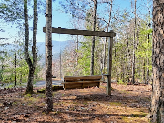 view of community featuring a forest view