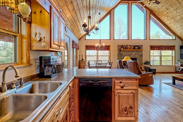 kitchen featuring light wood-type flooring, a sink, black dishwasher, a peninsula, and wooden ceiling