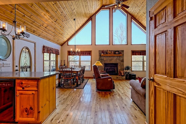 living area with a stone fireplace, wooden ceiling, and light wood-type flooring