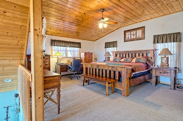 bedroom with wooden ceiling, carpet, and lofted ceiling