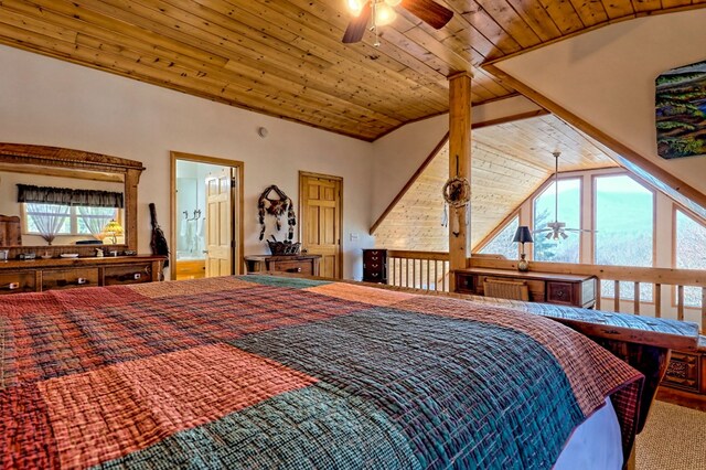 bedroom featuring wooden ceiling, ensuite bathroom, and lofted ceiling