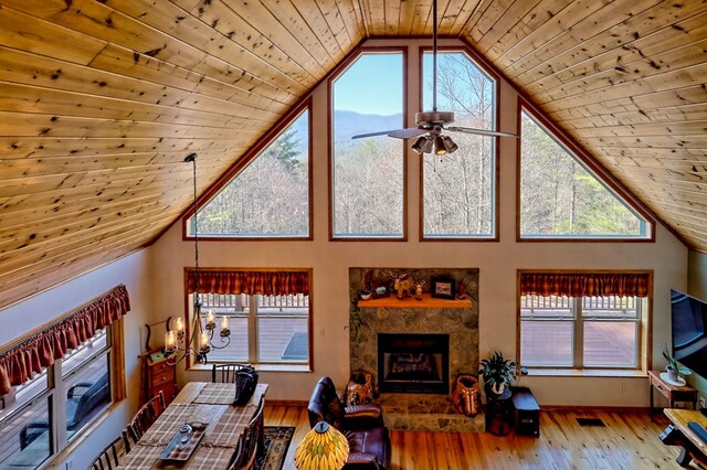 living area featuring high vaulted ceiling, a stone fireplace, hardwood / wood-style floors, and wooden ceiling