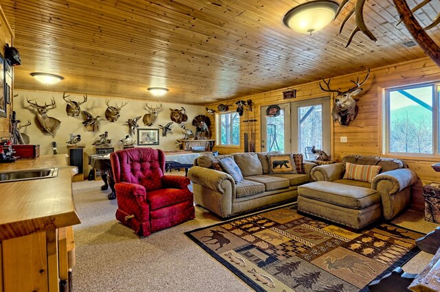 carpeted living area featuring wooden ceiling, wooden walls, and a healthy amount of sunlight