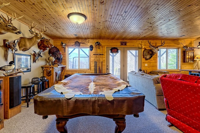 playroom featuring carpet, wood ceiling, wood walls, and billiards