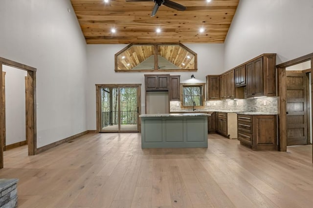 kitchen with sink, a kitchen island, decorative backsplash, wooden ceiling, and light wood-type flooring