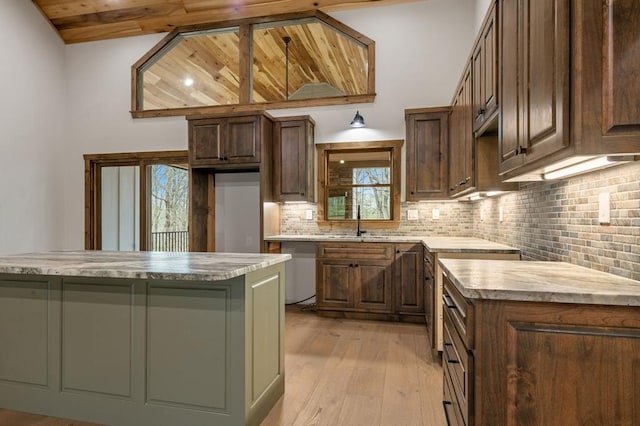 kitchen with tasteful backsplash, a kitchen island, sink, and light hardwood / wood-style flooring