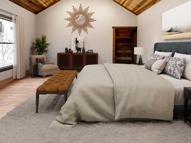 bedroom with lofted ceiling, wood ceiling, and wood-type flooring