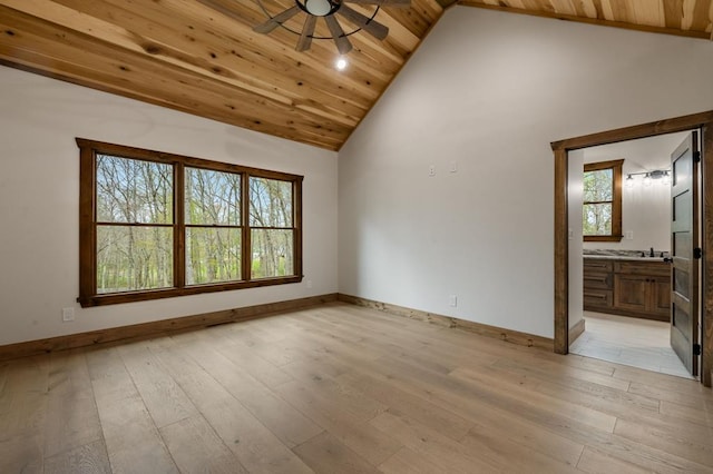 empty room featuring sink, wood ceiling, high vaulted ceiling, light wood-type flooring, and ceiling fan