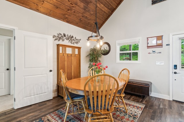 774 Hickory Ridge Dr, Ellijay, GA 30540 - dining area with baseboards, wooden ceiling, wood finished floors, and high vaulted ceiling