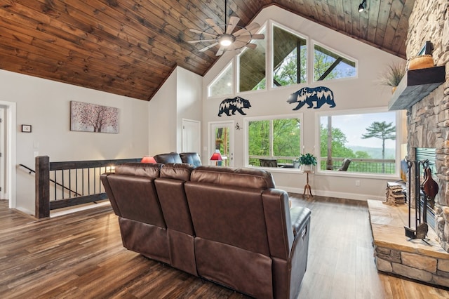 774 Hickory Ridge Dr, Ellijay, GA 30540 - home theater room featuring wood ceiling, a ceiling fan, a fireplace, wood finished floors, and high vaulted ceiling