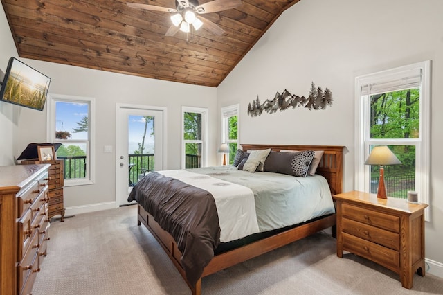774 Hickory Ridge Dr, Ellijay, GA 30540 - carpeted bedroom with baseboards, ceiling fan, high vaulted ceiling, access to outside, and wood ceiling