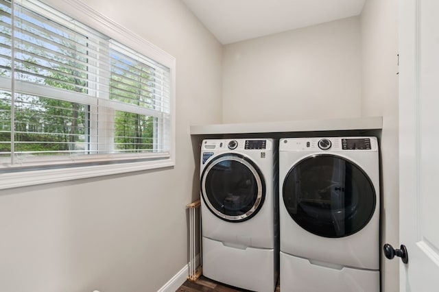 774 Hickory Ridge Dr, Ellijay, GA 30540 - washroom with baseboards, laundry area, dark wood-style flooring, and washer and clothes dryer