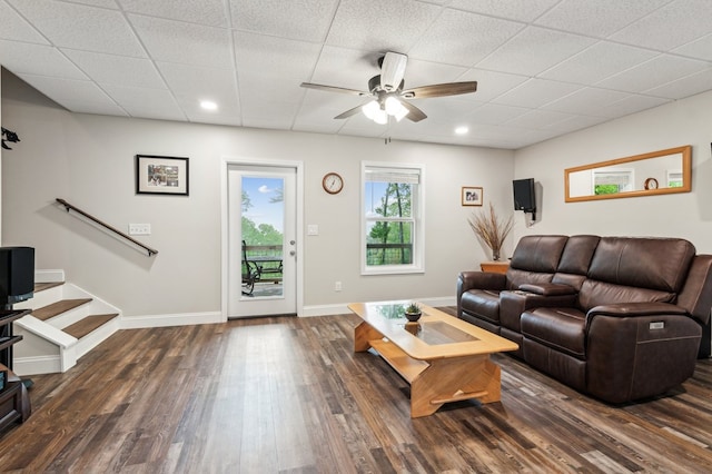 774 Hickory Ridge Dr, Ellijay, GA 30540 - living area with ceiling fan, dark wood finished floors, stairway, baseboards, and recessed lighting