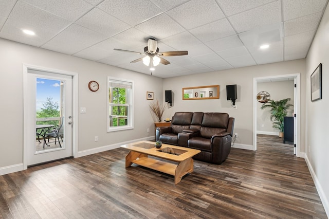 774 Hickory Ridge Dr, Ellijay, GA 30540 - living room with baseboards, ceiling fan, dark wood-style floors, and a paneled ceiling