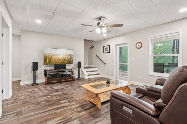 774 Hickory Ridge Dr, Ellijay, GA 30540 - living area featuring stairs, ceiling fan, wood finished floors, and a paneled ceiling