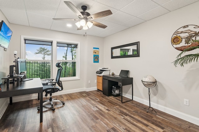 774 Hickory Ridge Dr, Ellijay, GA 30540 - office area with baseboards, a ceiling fan, a paneled ceiling, and wood finished floors