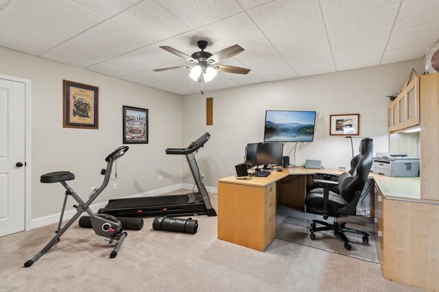 774 Hickory Ridge Dr, Ellijay, GA 30540 - home office featuring light colored carpet, a paneled ceiling, ceiling fan, and baseboards