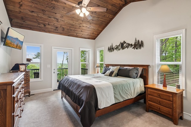 774 Hickory Ridge Dr, Ellijay, GA 30540 - bedroom featuring carpet flooring, access to exterior, baseboards, wooden ceiling, and vaulted ceiling