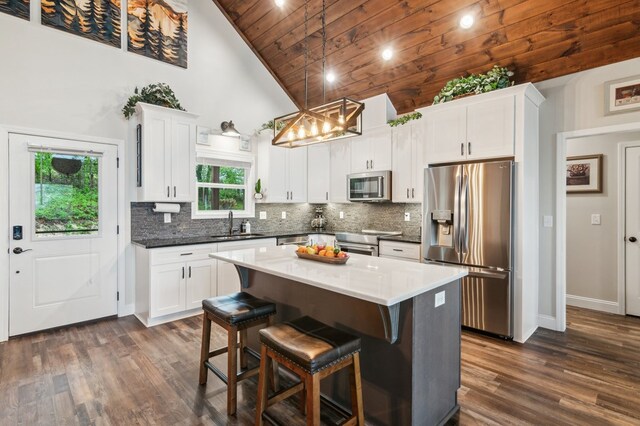 774 Hickory Ridge Dr, Ellijay, GA 30540 - kitchen featuring wooden ceiling, white cabinets, backsplash, and stainless steel appliances