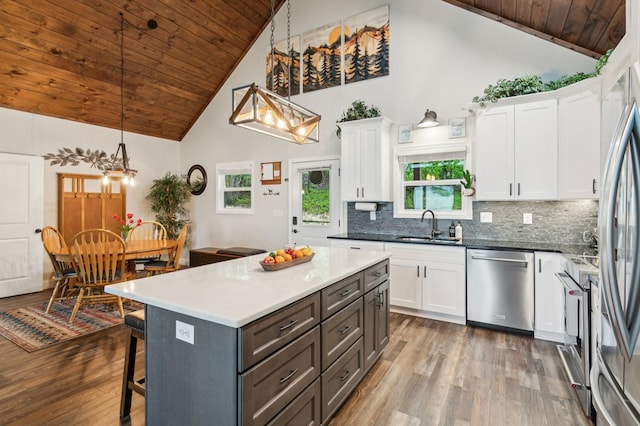 774 Hickory Ridge Dr, Ellijay, GA 30540 - kitchen featuring a sink, high vaulted ceiling, stainless steel appliances, wood finished floors, and wood ceiling
