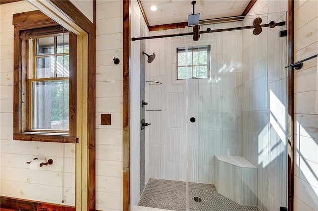 bathroom with a shower stall and wooden walls