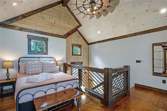 bedroom featuring lofted ceiling, wood ceiling, baseboards, and wood finished floors