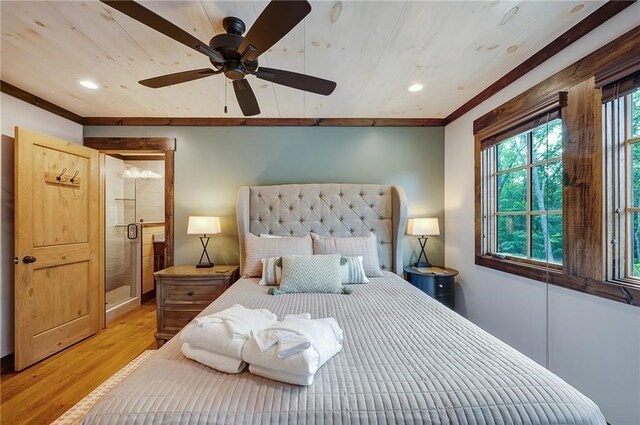 bedroom with ceiling fan, ornamental molding, light wood-type flooring, and recessed lighting