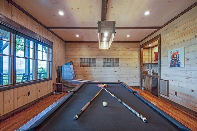 recreation room featuring billiards, visible vents, wood ceiling, wood walls, and beam ceiling