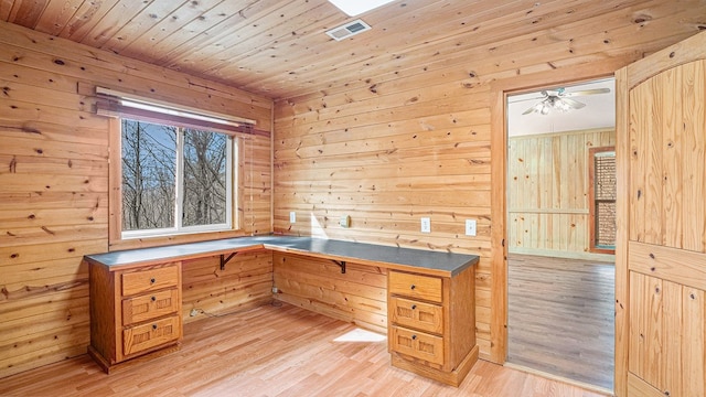 office area with wood ceiling, wood walls, light wood-style flooring, and visible vents