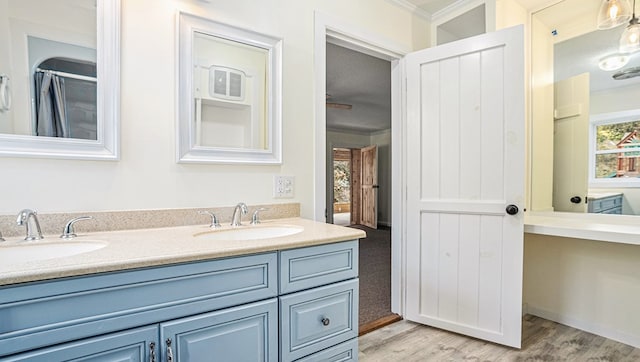 bathroom featuring ornamental molding, double vanity, wood finished floors, and a sink