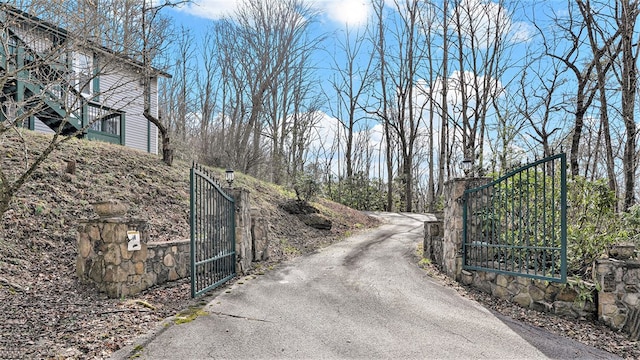 view of street featuring a gate, driveway, and a gated entry