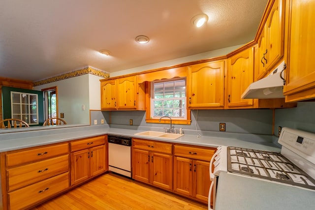 kitchen with a textured ceiling, white appliances, sink, and light hardwood / wood-style flooring