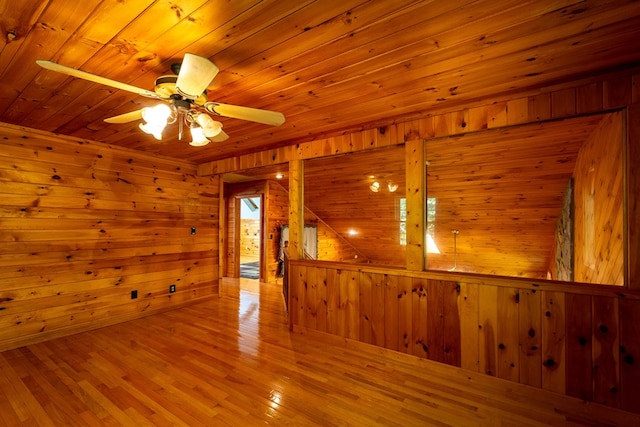 unfurnished room featuring ceiling fan, wood walls, wood-type flooring, and wood ceiling