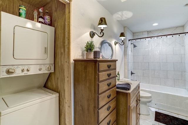 interior space with stacked washing maching and dryer, light tile patterned flooring, and sink