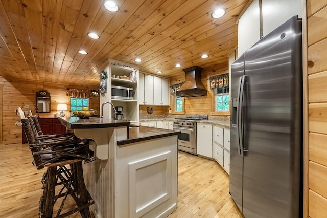 kitchen with premium range hood, wooden walls, light hardwood / wood-style flooring, appliances with stainless steel finishes, and white cabinetry