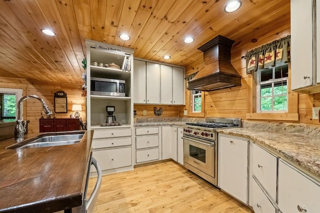 kitchen featuring wood walls, sink, white cabinetry, and stainless steel appliances