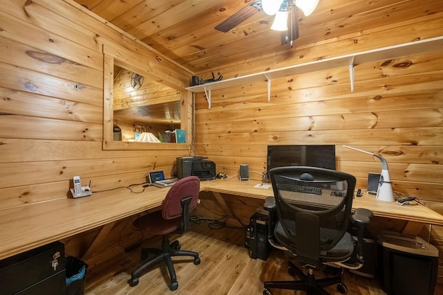 office space with wooden walls, hardwood / wood-style floors, ceiling fan, and wood ceiling