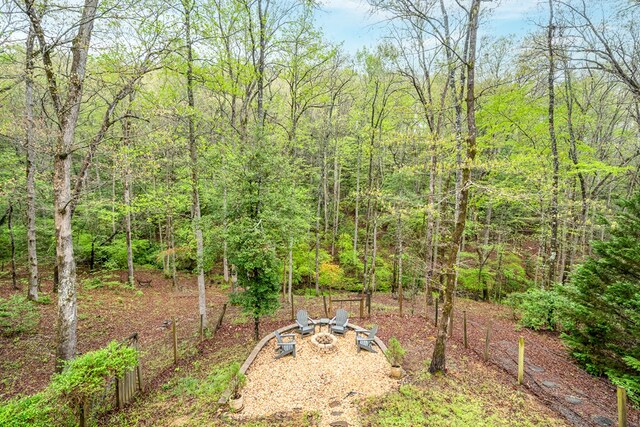 view of yard featuring a wooded view and an outdoor fire pit