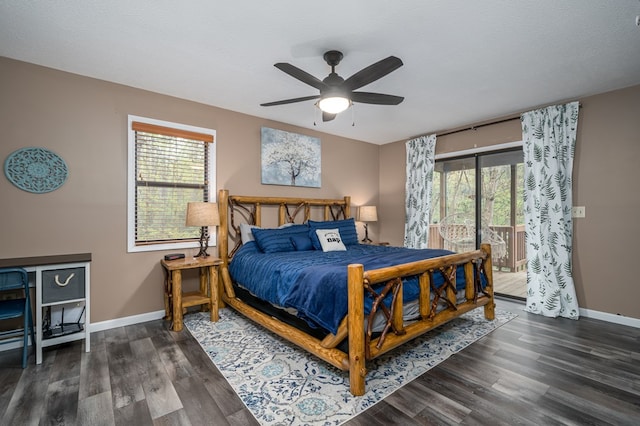 bedroom featuring baseboards, ceiling fan, access to outside, and dark wood-type flooring