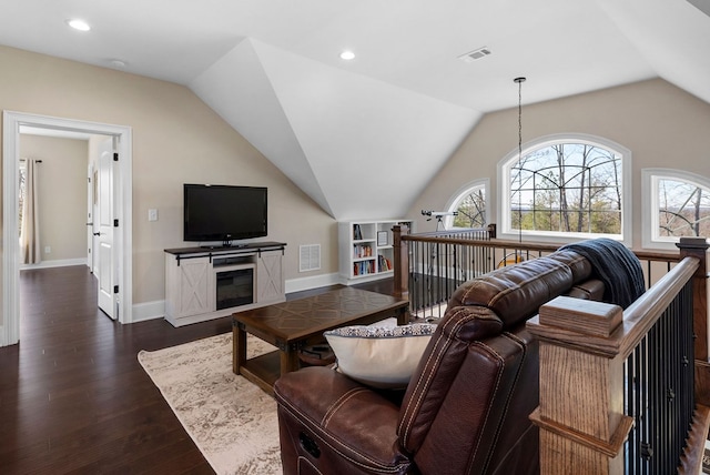 living room with lofted ceiling, visible vents, and dark wood-style flooring