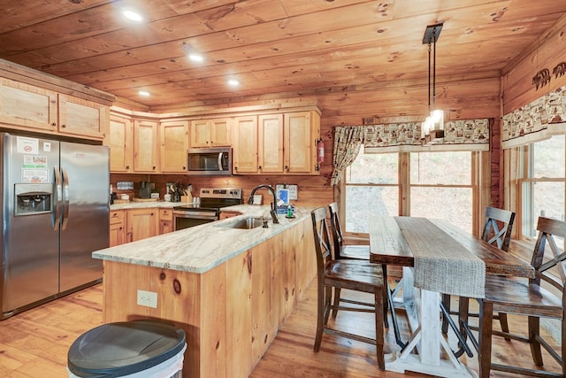 kitchen featuring a peninsula, light brown cabinetry, a sink, wood ceiling, and appliances with stainless steel finishes