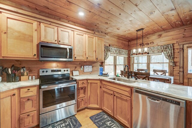 kitchen featuring wooden walls, wooden ceiling, a peninsula, stainless steel appliances, and a sink