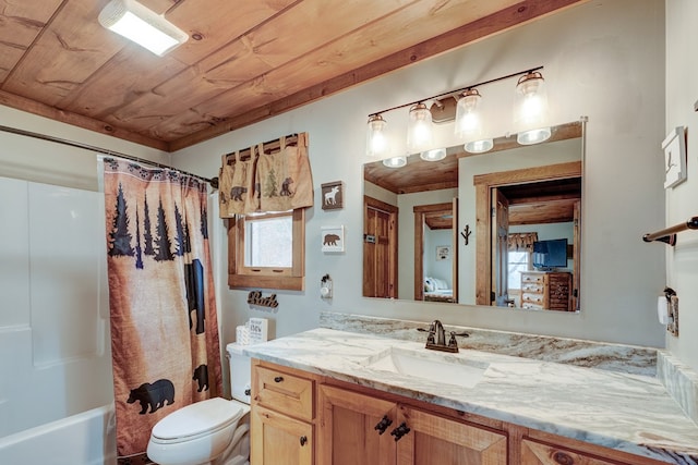 full bathroom with toilet, wood ceiling, and vanity