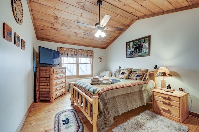 bedroom with baseboards, wood ceiling, lofted ceiling, and wood finished floors