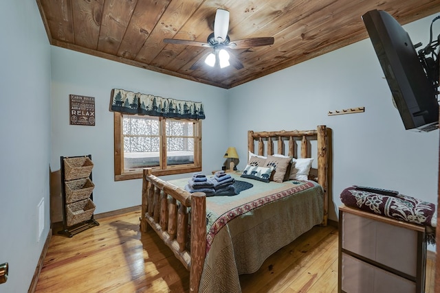 bedroom with wooden ceiling, a ceiling fan, and light wood-type flooring