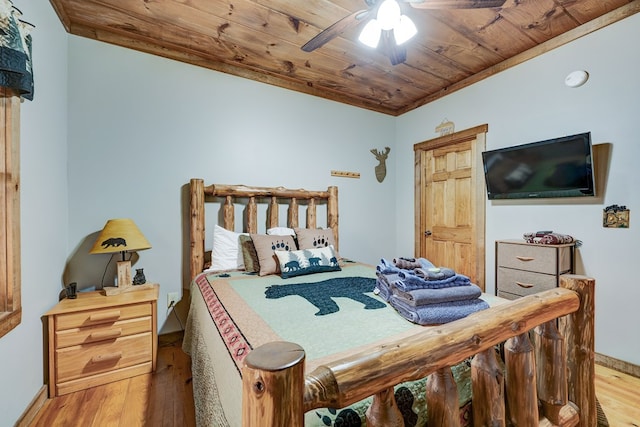 bedroom with wood finished floors, wood ceiling, baseboards, and ceiling fan