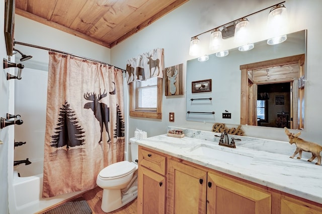 bathroom with toilet, shower / bath combo, wooden ceiling, wood finished floors, and vanity