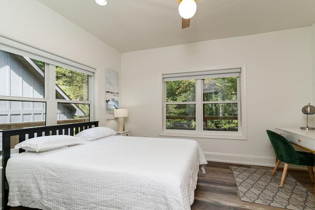 bedroom featuring ceiling fan, dark hardwood / wood-style flooring, and multiple windows