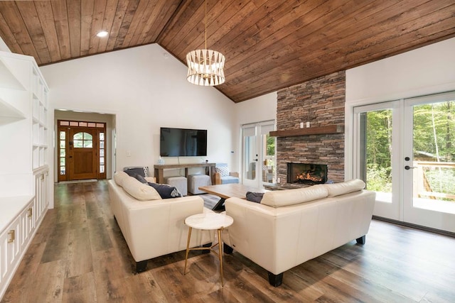 living room with dark hardwood / wood-style flooring, high vaulted ceiling, wooden ceiling, and french doors